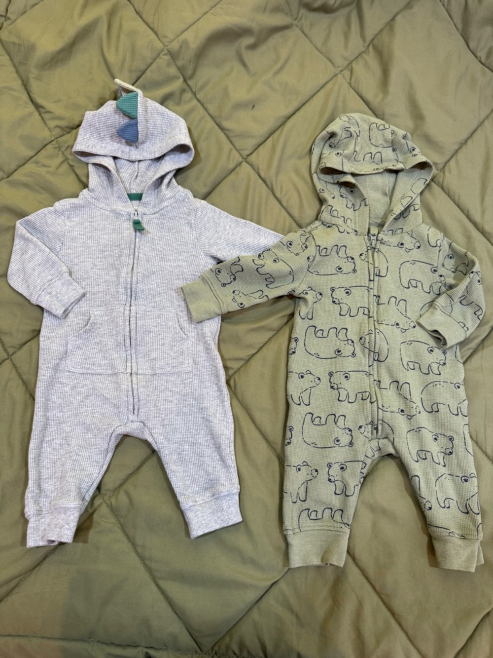 Carters Hooded Zip Jumpsuits - Light Gray & Olive Green Bear Print - 3M